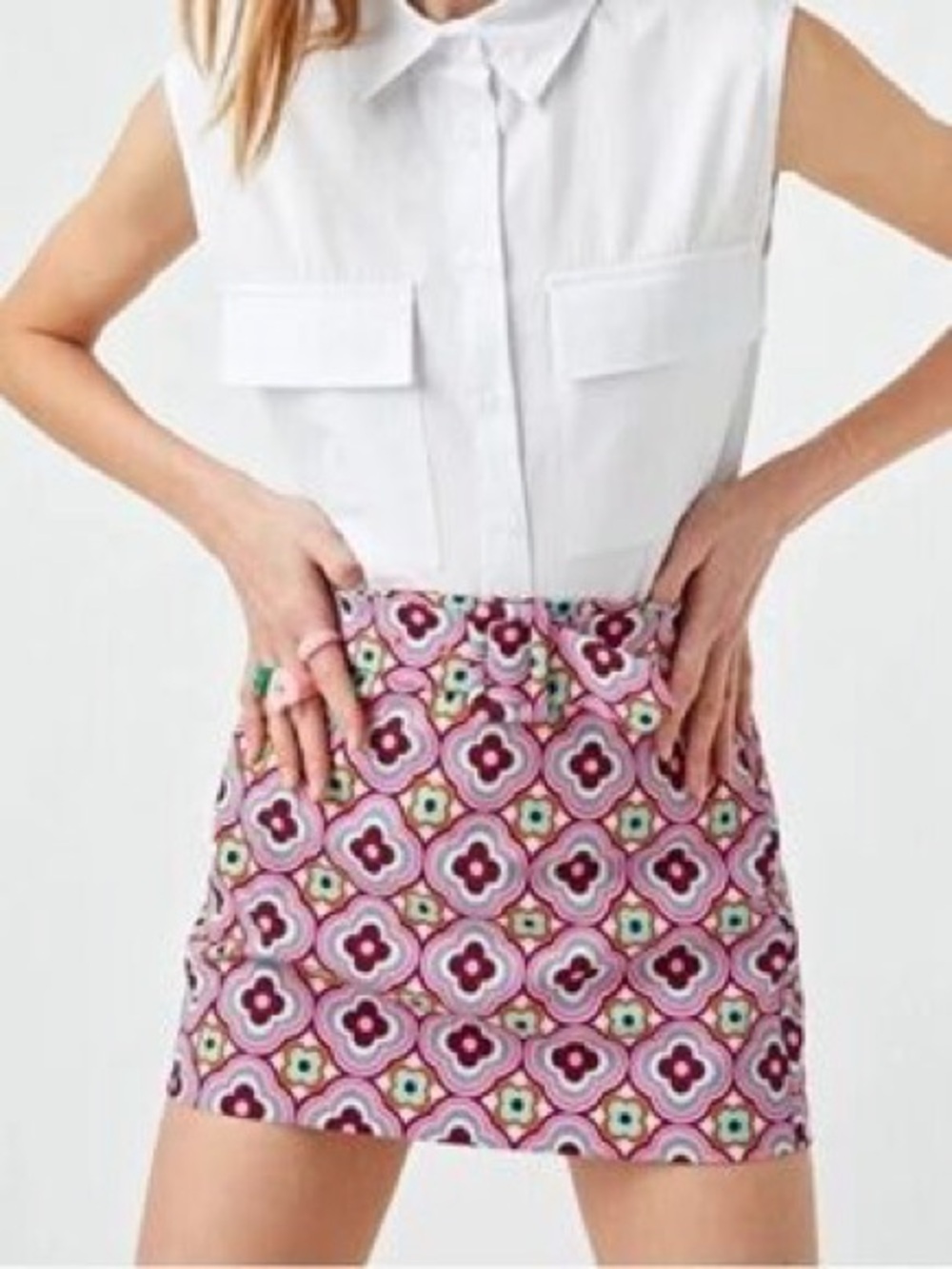 Zara Pink Retro Geometric Mini Skirt with Green & Purple Accents